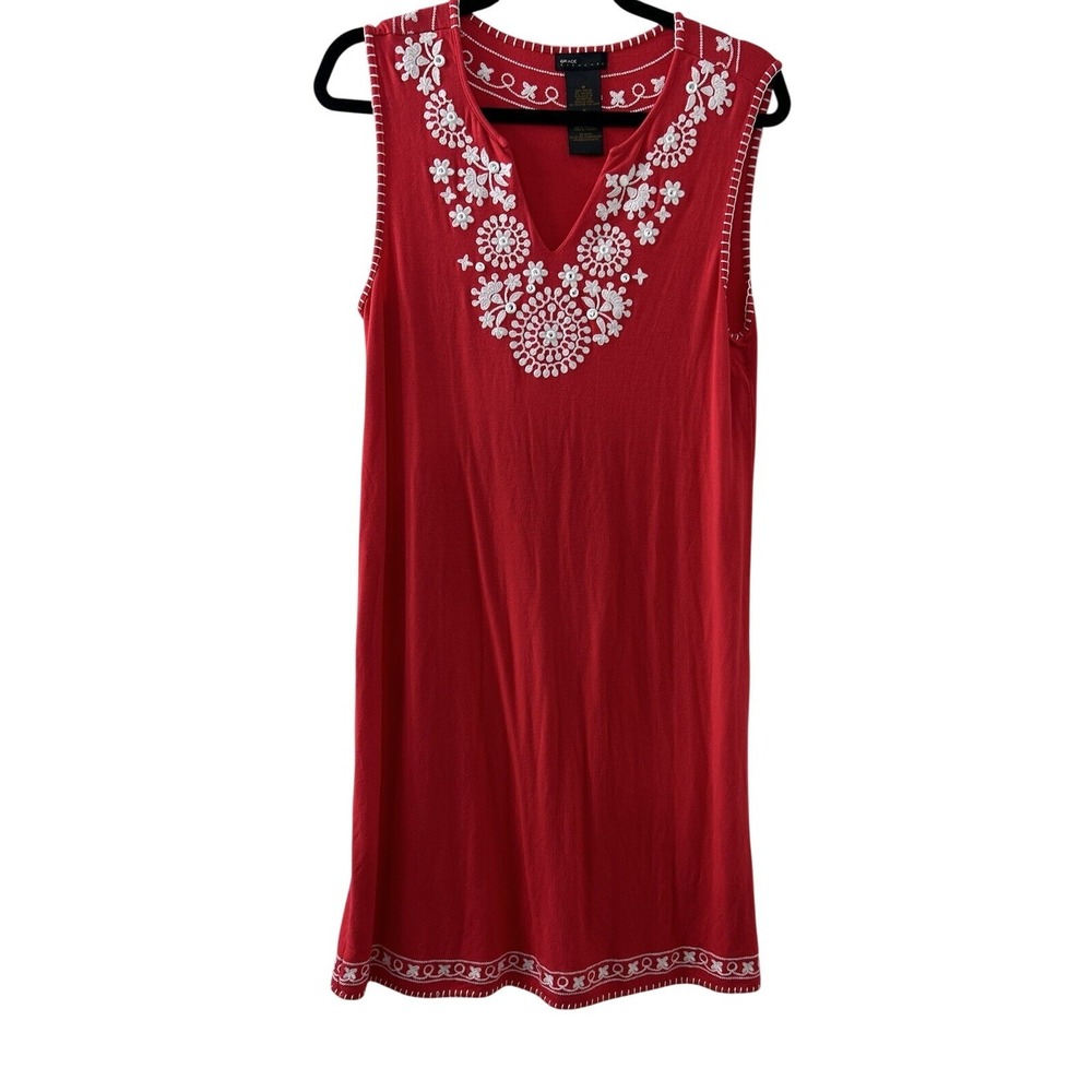 Grace Elements Embroidered Rayon Shift‎ Dress M Red V-Neck Boho Folk Summer